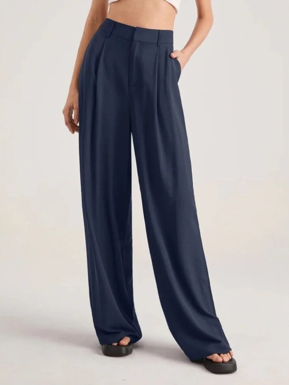 NWT COMMENSE high rise pleated wide leg trouser pants in navy blue (M)